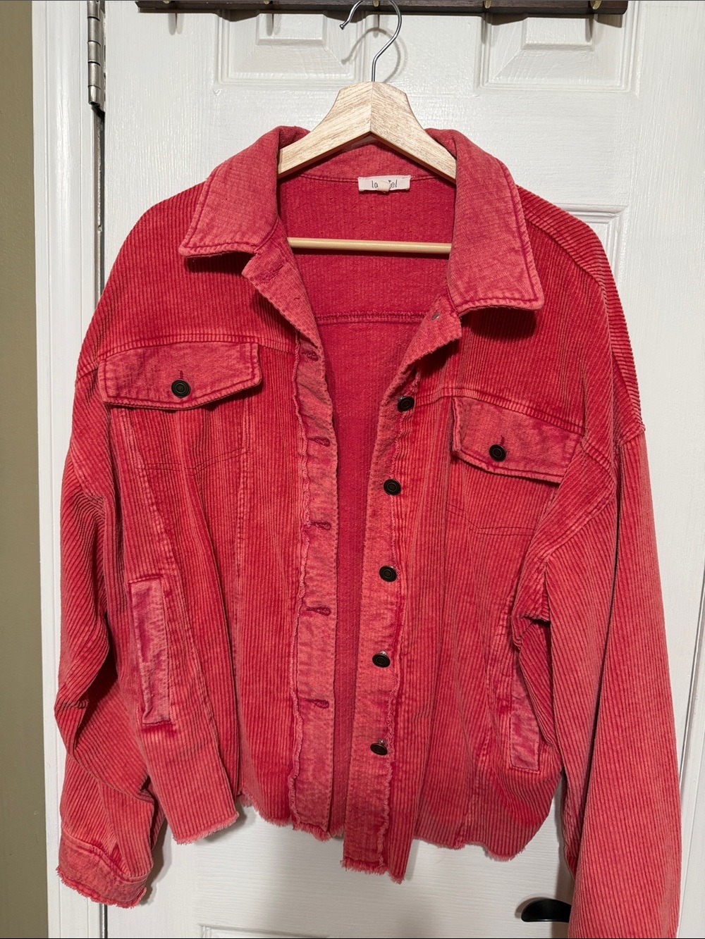 LA MIEL Coral-Red Corduroy Button-Up Jean Jacket